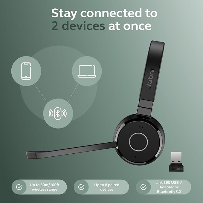 Jabra Evolve 65 TE (Third Edition) Wireless Dual-Ear Headphones - Noise-Canceling Mic, 16 hrs Battery Life, Dual Connectivity, MS Teams Certified, Supports Other Platforms, Black