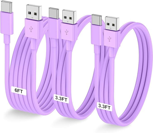 3-Pack Purple [3.3FT+3.3FT+6FT] USB A to USB C Cable，USB to USB C Car Carplay Cable for iPhone 16 15 Pro Plus Pro Max，for iPad Pro/Air/Mini，for Samsung S24/S23/S22，for MacBook Pro/Air and More