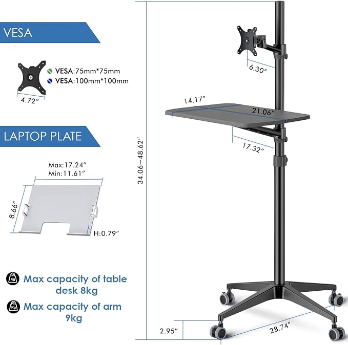 Mobile Desk Workstation,Mulitiuse Rolling Laptop Floor Stand,34"-48.6" Height Adjustable,Compatible with 17"-27" Monitor&12"-17" Laptop,21"×14" Desk Board,Maxload 17.6lbs,4 Lockable Wheels