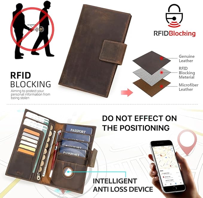 CONTACTS Full Grain Leather Family Passport Holder for 4 Airtag Passport Wallet RFID Blocking Travel Passport Cover with 4 Passport Slot, 6 Card Slot (Brown)