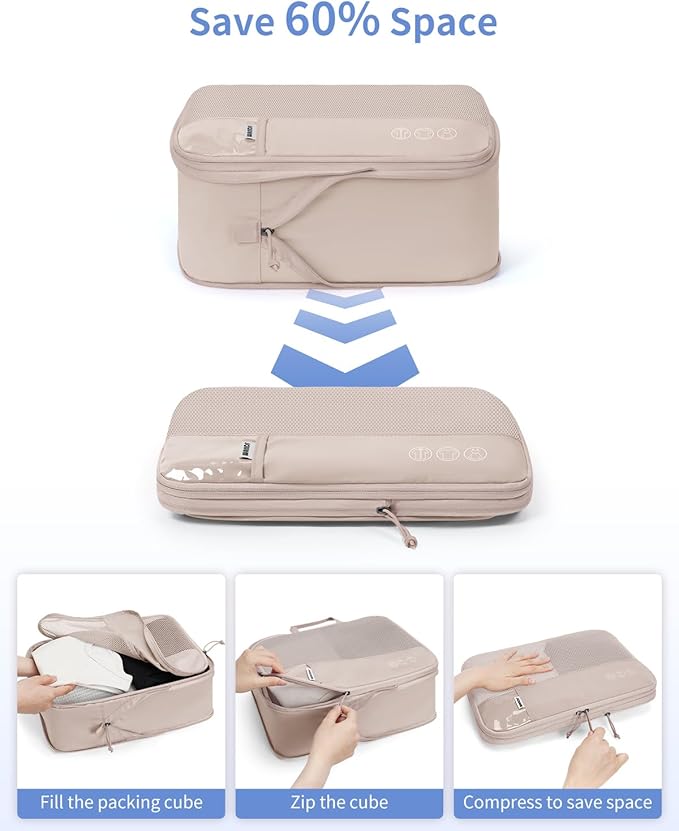 WANDF 7 Set Compression Packing Cubes for Travel, Shirt Folder for Wrinkle-Free, Suitcase Organizer Bags Set for Carry-On Checked Luggage Duffle Bag Women Men(Khaki)