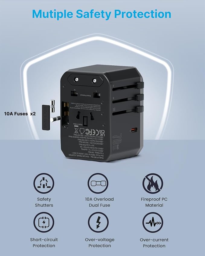 Universal Travel Adapter, VINTAR 70W GaN International Power Adapter with 5 USB Ports (3 USB-C), All-in-one Travel Essentials Plug Adaptor, Travel Adapter Worldwide for UK/EU/USA/AUS, Black