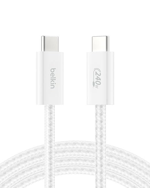 Belkin USB C to USB C Cable, 6.6ft, 240W - Type C Charger, iPhone Charger Cord, Soft, Braided, Flexible for iPhone 17, Galaxy S25, Pixel 10, MacBook, Chromebook, iPad Pro, Switch Steam Deck – White