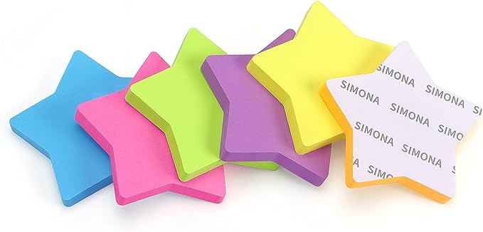 SIMONA Star Shape Sticky Notes 6 Color Bright Colorful Sticky Pad 75 Sheets/Pad Self-Sticky Note Pads (6 Pads)