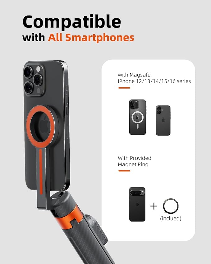 TODI 65" Magnetic Tripod for iPhone with Remote, Selfie Stick for iPhone Magsafe, Cell Phone Tripod Stand for Recording, Travel Tripod Compatible with 16/15/14/13/12 Series