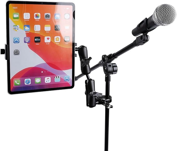 Aluminum Dual Arm Tablet Mount with Super Clamp for Rails 0.5'' to 2'' in Diameter, Side Mount Tablet Holder for Mic Stand, Compatible with iPad Pro 12.9 Air Mini, Galaxy Tab, 4.7-12.9" Tablets