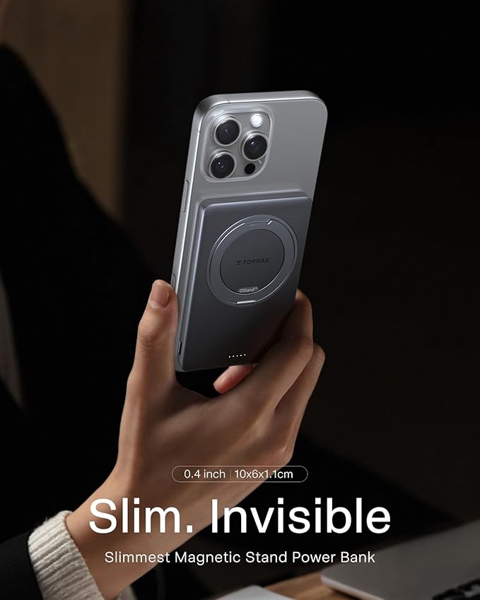 TORRAS Ostand MiniMag Power Bank, 5,000mAh Ultra Slim Magnetic Portable Charger with Stand, Fast Charging for iPhone Air Wireless Mag-Safe Battery Pack for iPhone 17/17 Pro/17 Pro Max/16/15/14, Gray