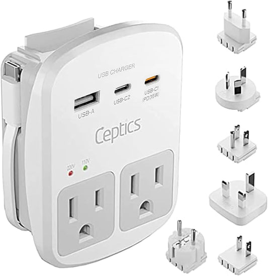 Ceptics Universal Travel Adapter Kit – 2 USA sockets, 2 USB-A (1x QC 3.0) and USB-C cable, Surge Protected, Plugs for EU, UK, China, AU, Japan - Use with Laptop, Phones, Cameras - ETL Tested