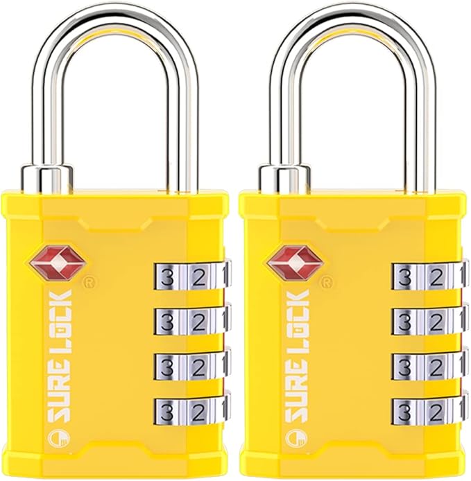 SURE LOCK TSA Accepted 4 Dig Heavy Duty Big Combination Luggage Padlock All Metal Travel Lock for Equipment Hard Case Luggage Gun Case Gym Locker Pelican Vault Lock (2, Yellow)