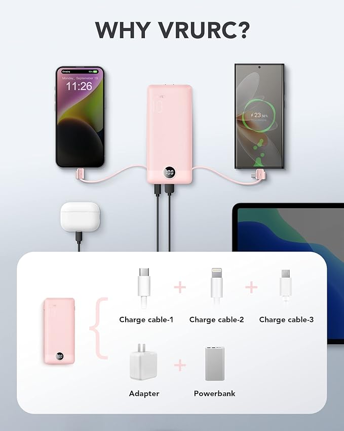 VRURC Portable Charger Built-in Cables and AC Wall Plug, USB C Power Bank 10000mAh, Travel Essentials Phone Charger Compact Lightweight External Battery Pack for Smart Phones, Tablets etc-Pink