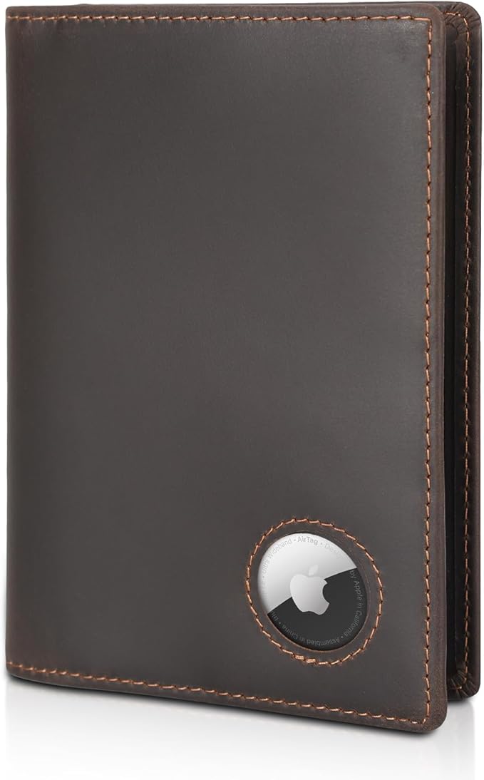 Polare Slim RFID Blocking Leather Passport Holder Travel Bifold Wallet For Men (Dark Brown with AirTag Holder)