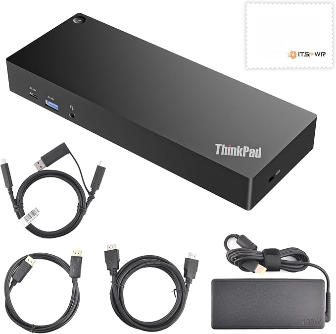 ThinkPad 40AF0135 Universal Hybrid USB-C with USB-A Adapter Docking Station for Lenovo Laptops, Dual Monitor, Comes with ITSPWR HDMI 4K Cable + DP Cable+ Cleaning Cloth