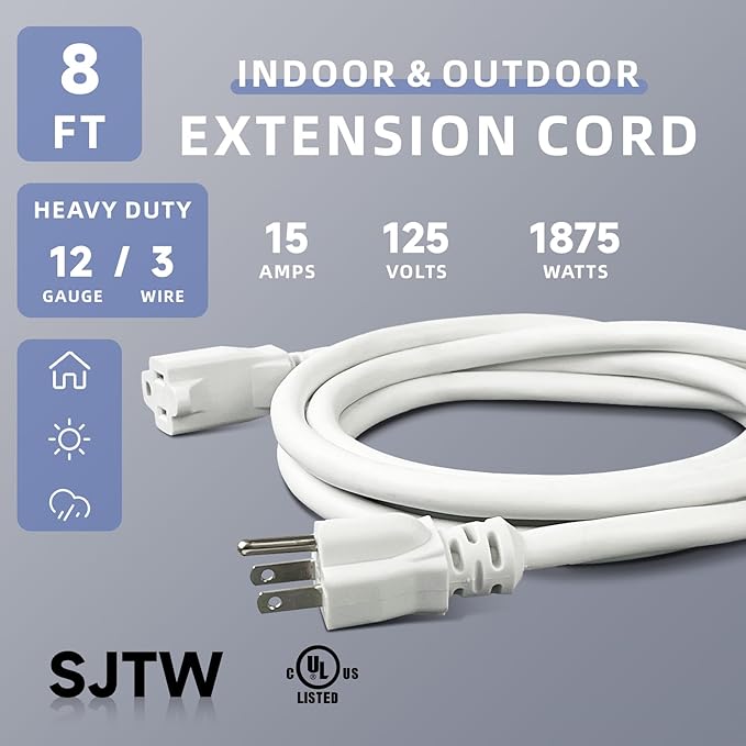 EP 8 Ft Outdoor Extension Cord, 12/3 SJTW Heavy Duty Extension Cable with 3 Prong Grounded Plug, 15 AMP Power Cord for Lawn, Garden, Appliances, White