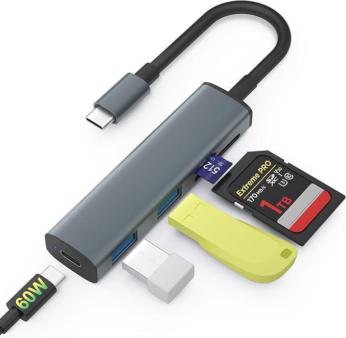 USB C SD Card Reader, Memory Card Reader with 60W PD Charger Adapter SD Card Adapter with SD/TF/USB 4 Ports for iPhone 15/16 iPad Pro MacBook Pro/Air iMac Android and More USB-C Devices