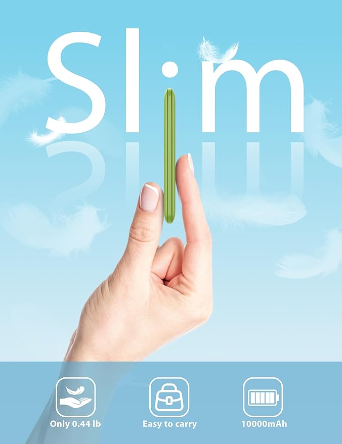 miisso 10000mAh Slim Portable Charger with Built in Cable, Power Bank Travel Charger External Battery Pack for Phone, 3 Output USB Type C Cord Clutch Charger Compatible with iPhone, Green