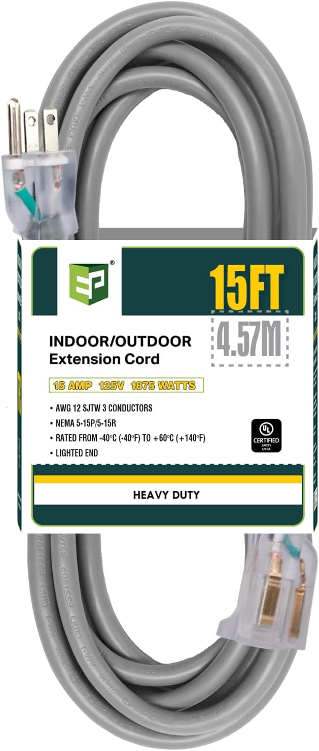 EP 15 Ft Lighted Outdoor Extension Cord - 12/3 SJTW Heavy Duty Grey Extension Cable with 3 Prong Grounded Plug - Power Cord for Lawn, Garden, Appliances