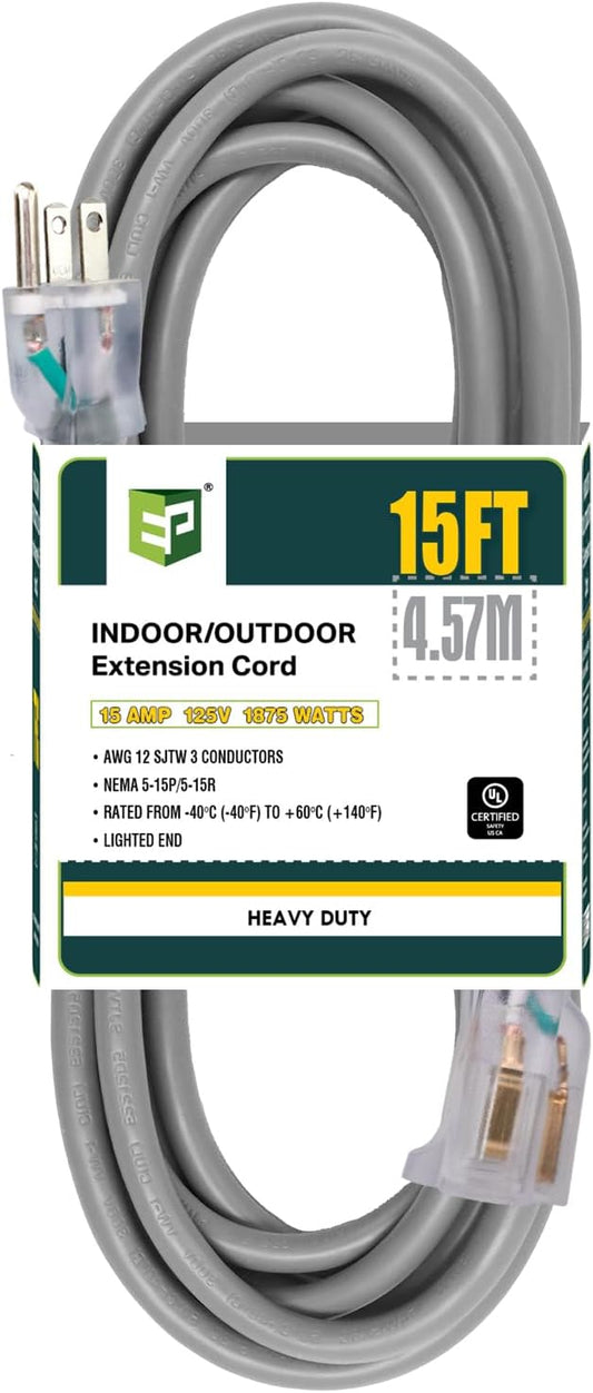 EP 15 Ft Lighted Outdoor Extension Cord - 12/3 SJTW Heavy Duty Grey Extension Cable with 3 Prong Grounded Plug - Power Cord for Lawn, Garden, Appliances