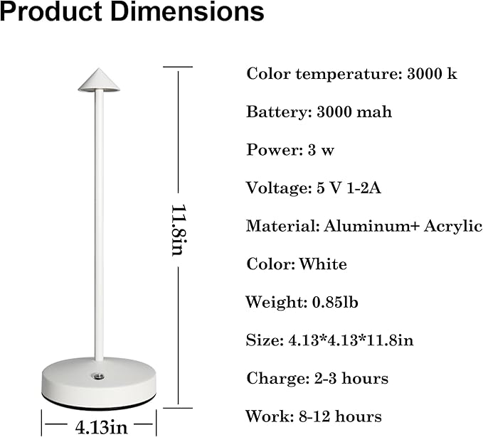 Rechargeable Cordless Lamps,3000mAh Battery Operated Table Lamp,Portable LED Touch 2 Levels Brightness Dimmable Bar Lamp,Battery Powered Lamps for Bars,Restaurant,Living Room(2 Pack,White)