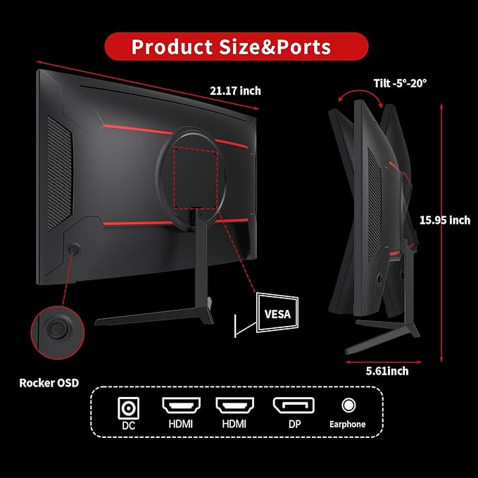 KTC 24 inch 1500R Curved Gaming Monitor 165Hz 1ms FHD 1080p VA Tilt Adaptive Sync HDR 110% sRGB DP/HDMI,VESA for Gaming Home Office Business PS5 PC Monitors