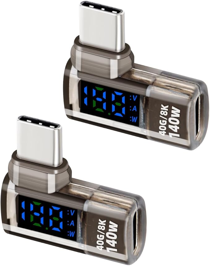 90 Degrees 140W USB C Male to USB C Female Adapter,USB Type C Converter,40 Gbps Data Transmission,Wattage,Voltage,Current LED Display,Suitable for Laptops,Desktop Computers,Phone (2Pcak)