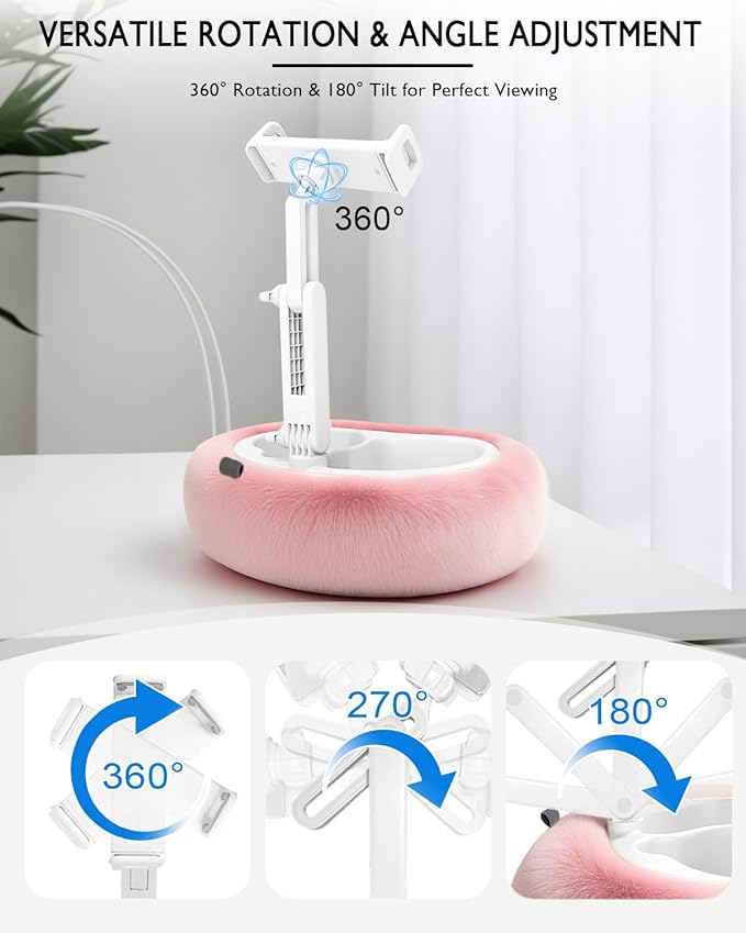 Tablet Pillow Stand, Compatible with 4.7"-12.9" Kindle, iPad, Phone/Tablet, Google, 360° Rotating Phone Holder for Bed, Detachable Bowl, Reading and Relaxation on Bed, Pink, Large (Faux Fur Pillow)