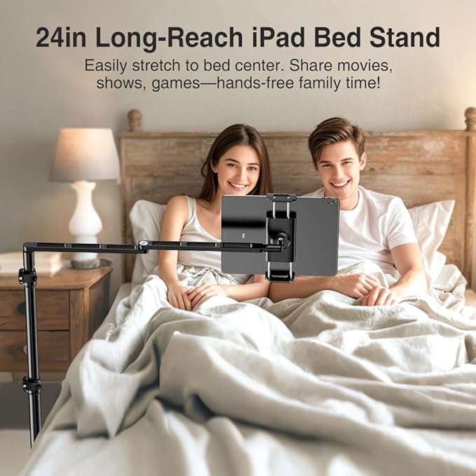 elitehood Adjustable Tablet Floor Stand with Heavy Duty Base, 24in Horizontal Long Arm iPad Floor Stand Holder for Bed Recliner Sofa, Compatible with iPad mini Air Pro 13/12.9 and 4.7-13in Devices