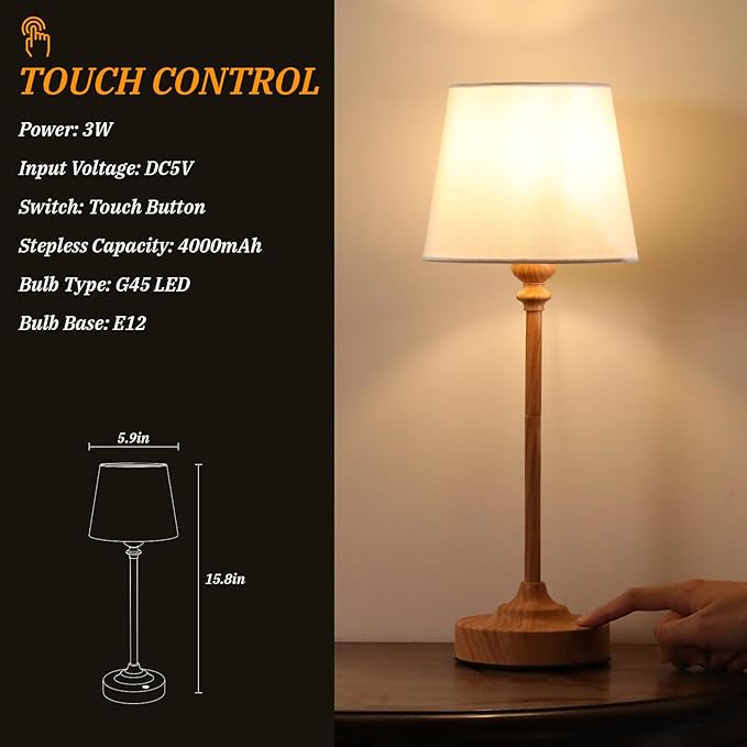 Kakanuo Cordless Table Lamps Rechargeable Set - 2 Pack Wooden 4000mAH Battery Operated Lamps for Decor, 3000K Stepless Dimming Touch Control Wireless Lamps for Bedroom, Dining Table