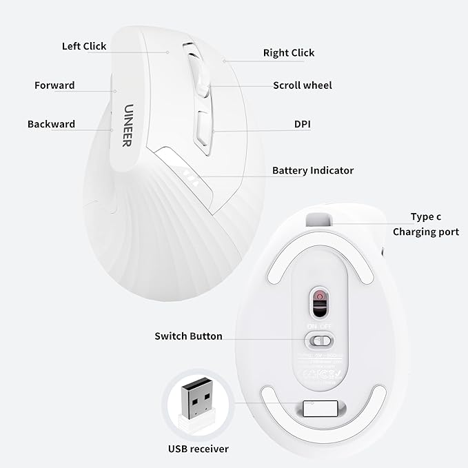 Uineer Vertical Mouse Wireless, 2.4G Rechargeable Mouse with Battery Indicator,4 Level DPI,Ergonomic Design for Comfort and Reduced Wrist Strain, Ideal for Home,Office Use (White)