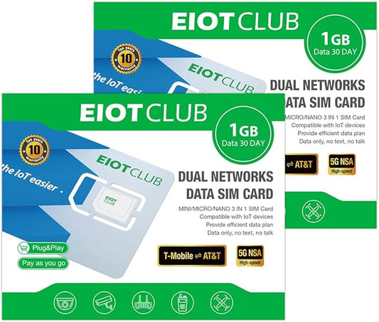 (2 Pack) EIOTCLUB Prepaid SIM Card 1GB/30Day, 5G/4G LTE SIM Card, Support for AT&T and T-Mobile in The USA, Data Only SIM Card for Security Camera Trail Camera Router Hotspot Unlocked Devices