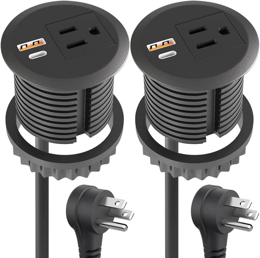 2pcs Desktop Power Grommet,2-inch Hole,20W USB C Fast Charging,2-USB Port,Flush Mount,Flat Plug,6.4 ft Cord,Black