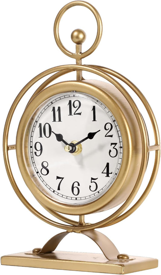 Vintage Table Clock on Stand, Decorative Metal Desk Clock, Small Antique Gold Silent Non-Ticking Battery Operated Farmhouse Shelf Table Clocks for Home Kitchen Bedroom Decor