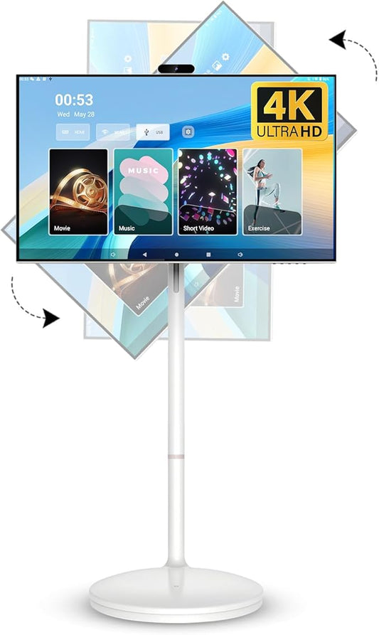 32 Inch 4K Smart Portable TV, Qualcomm Snapdragon 665 CPU, Built-in 20000mAh Battery with 10H Life Time, 8+128GB, Android OS, Rolling Touch Screen Monitor on Wheels, Air Remote Mouse, with 5MP Webcam