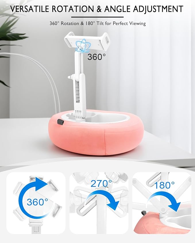 Tablet Pillow Stand, Compatible with 5"-12.9" Kindle, iPad, Phone/Tablet, Google, Samsung, 360° Rotating Phone Holder for Bed, Soft Plush Fabric, Detachable Bowl, Reading and Relaxation on Bed, Pink