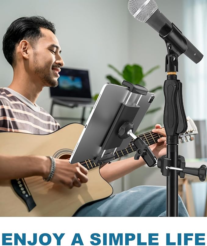 Aluminum Tablet Holder for Microphone Stand/Mic Music Mount Stand [Without Slipping] 360° Rotation Adjustable iPad iPhone Holder Mount for Microphone with Clamp, Fits 4''–13" Tablets & Smartphones