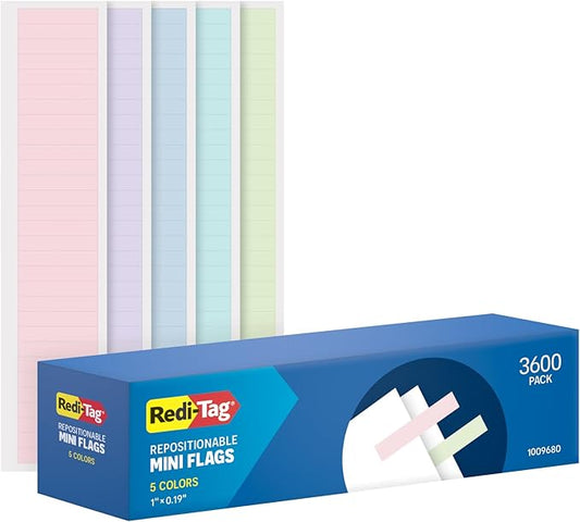 Redi-Tag Small Pastel Flags, Adhesive Flags for Journals and Calendars, School and Office Supplies, 0.19" x 1", 5 Assorted Pastel Colors, 3600 per Pack (1009681)