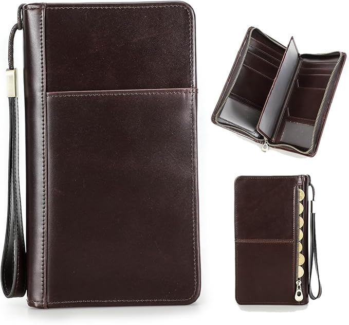 CONTACTS Travel Passport Wallet for Men Leather Family Passport Holder Travel Clutch Wallet Zipper Wrist Card Purse RFID Blocking with 13 Card Slot Fit up 4 Passports