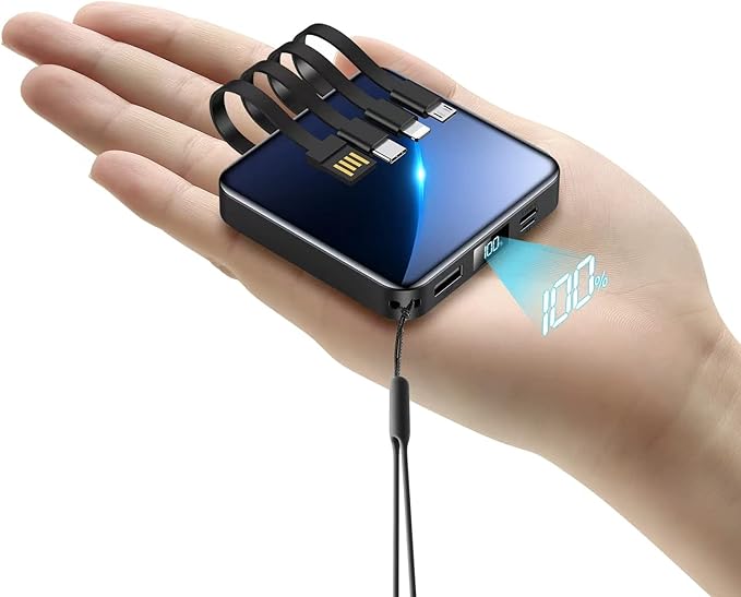 Portable Charger 12000mAh with Built-in Cables,22.5W Fast Charging Power Bank,USB C Input/Output,Smart LED Display,Compact External Battery for iPhone 15,Samsung Galaxy,iPad,Tablets