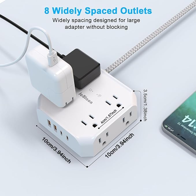 Surge Protector Power Strip, 8 Outlets with 4 USB Ports(2 USB C), 4-Sided 1050J Outlet Extender with 5FT Flat Extension Cord for Travel, Home, School, College Dorm Room Essentials