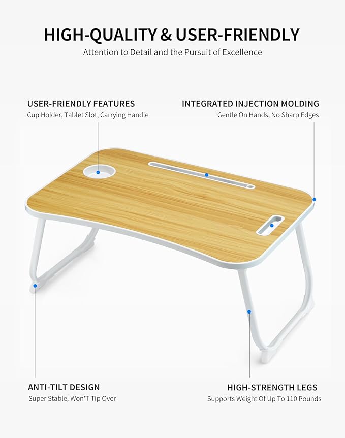 Laptop Bed Desk, Foldable Lap Table, Portable Study Table, Laptop Stand with Cup Holder & Tablet Slot & Lifting Handle for Working Writing Drawing & Eating - Wood