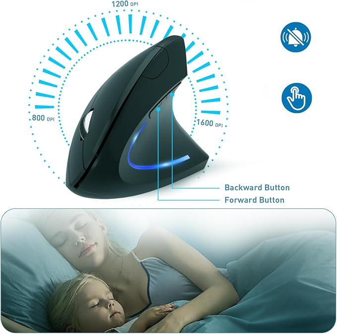 Wireless Ergonomic Mouse, 2.4G Wireless Vertical Ergo Mouse, 800/1200/1600 Adjustable DPI,6 Buttons Ergonomic Mouse for Laptop/MacBook/PC/Desktop-Black