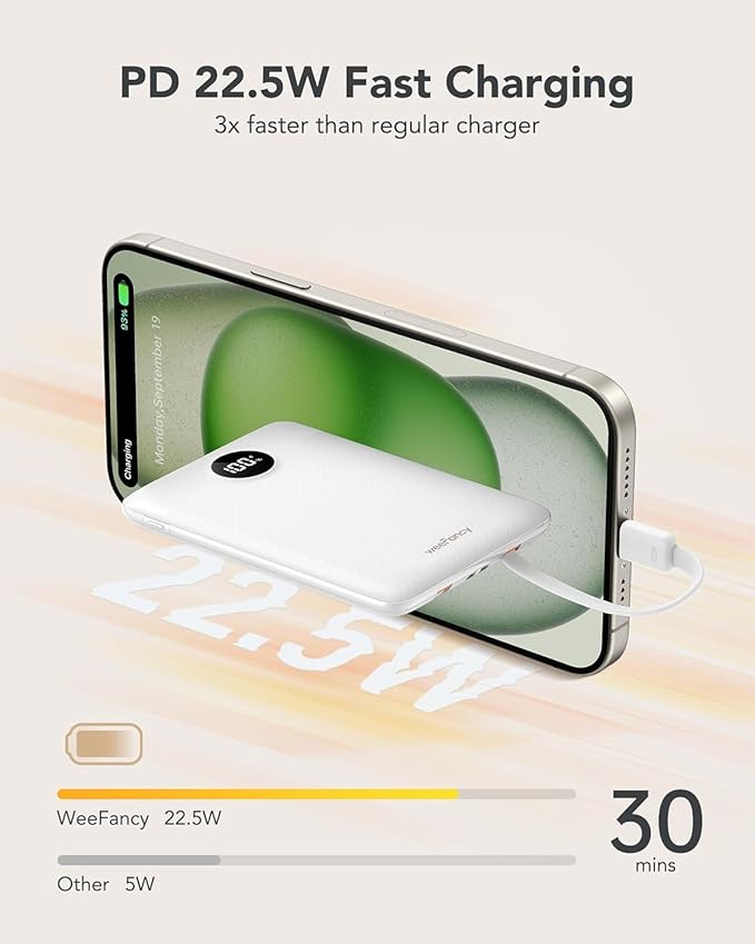 Mini Portable Charger with Built-in Cables 22.5W Fast Charging Power Bank USB-C Small Battery Pack 10000mAh Travel Essential Slim Battery for iPhone 17/16/15/14, Samsung 25/24, and More