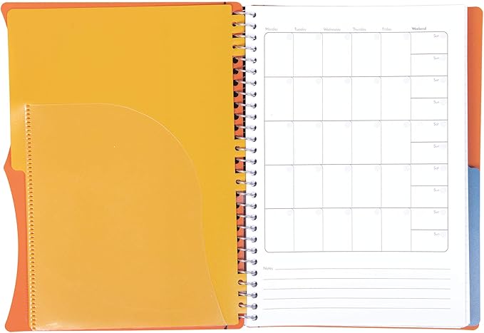 Mintra Office Durable PREMIUM Spiral Notebook, ((Orange, 2 Subject (6in x 9.5in)), Wire, Fabric Covered Coils, No Snags, Removable Adjustable Pocket Dividers, Ruler, Organization, Customizable