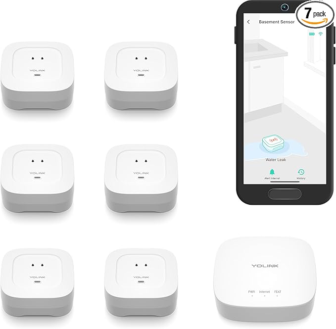 YoLink Water Leak Starter Kit: Hub + 6 Leak Sensor 4 (105 dB Siren), LoRa Long-Range, App/SMS/Email Alerts, D2D Offline, 2 AAA Up to 5-Year Battery, Works with Alexa/IFTTT/Home Assistant