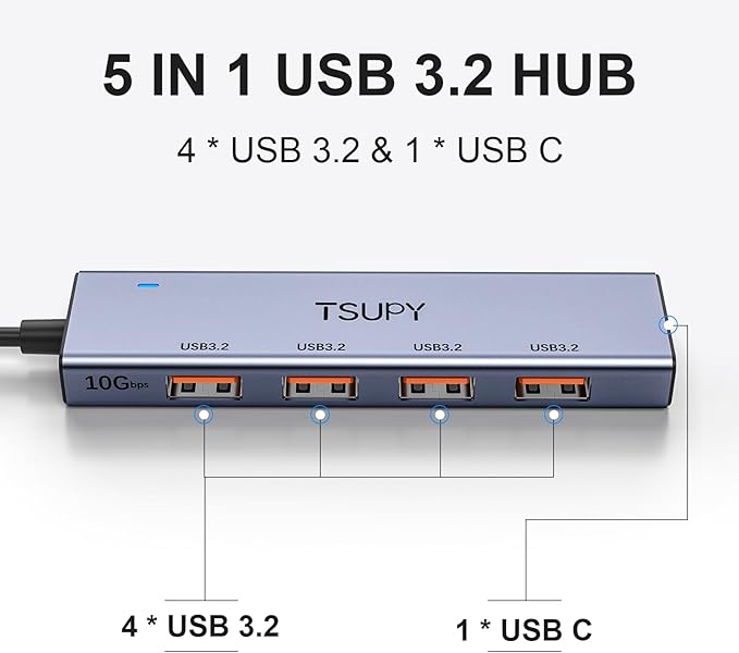 USB Hub 3.2, TSUPY USB Splitter 10Gbps 4 USB 3.2 Ports with 4ft Extension Cable,Ultra-Slim Aluminium USB 3.2 Gen 2 HUB Fast Data Transfer USB Port Extender for MacBook,Chromebook,Mobile HDD,Laptops