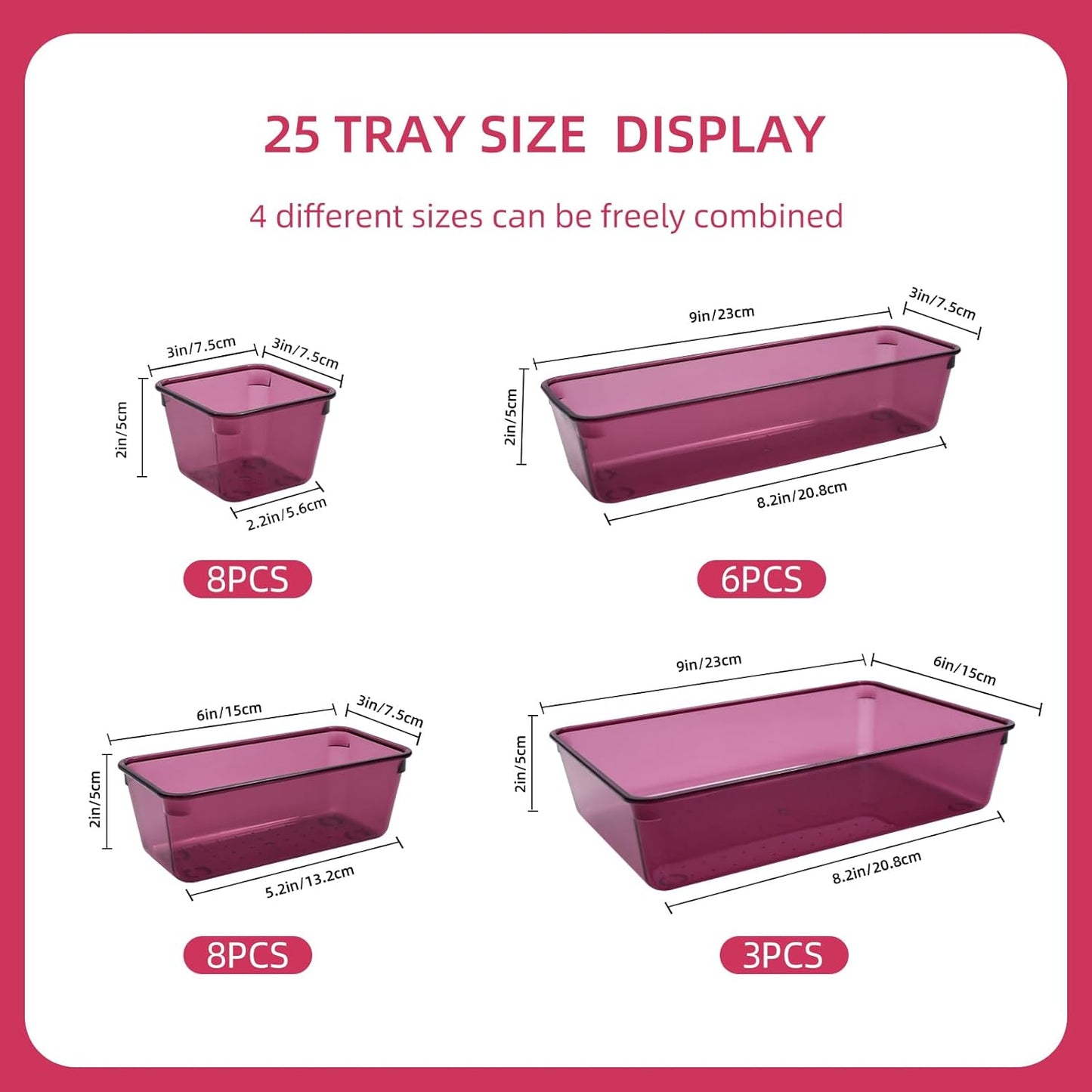 Kitchen Desk Drawer Organizers Storage for Office, Small Acrylic Vanity Trays Makeup for Drawer Bathroom Plastic Make up Organizers 25 Pcs Burgundy