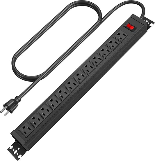 HHSOET Rotating Mountable Power Strip, 12 Outlet Wall Mount Surge Protector, Metal Heavy Duty and Versatile Outlet Strip, Stylish Appearance, Sturdy and Durable, 50ft Power Cord.(Black)