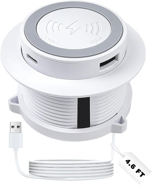 Desktop Charger, Pop up 15W Fast Retractable Desktop Charger, Invisible Charging Station with USB A and Type C Ports, Recessed Desktop Charging for Desk, Furniture - White (White)