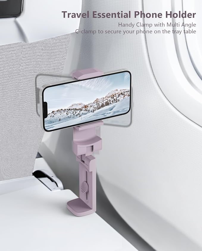 MiiKARE Travel Essentials Airplane Phone Holder, Universal Handsfree Phone Mount for Flying with 360 Degree Rotation, Travel Must Haves Phone Stand for Desk, Tray Table, Purple&Pink