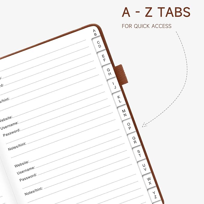Password Book with Alphabetical Tabs – Hardcover Internet Address & Password Organizer – Password Keeper Notebook for Computer & Website – 5.2 x 7.6" Log-in Password Journal w/Thick Paper (Brown)