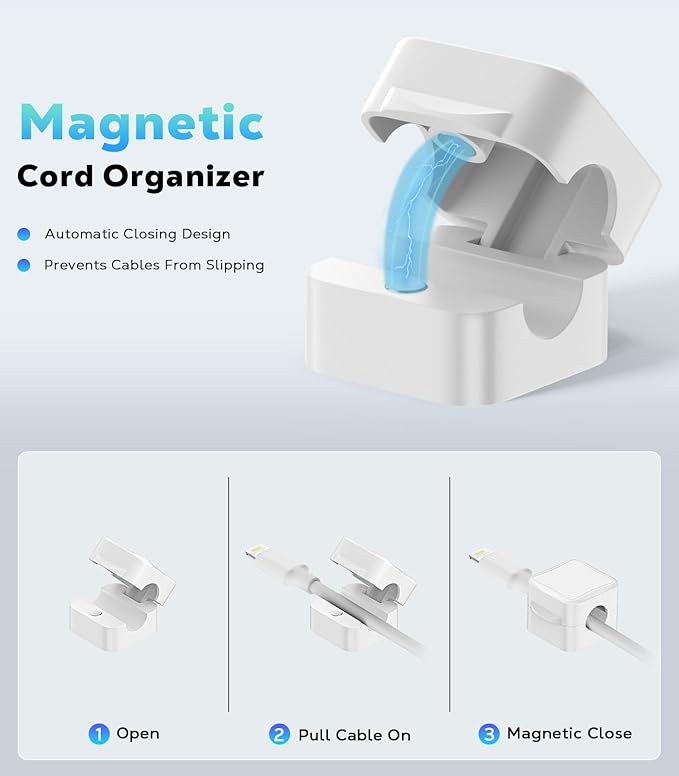 MoKo 8 Pack Magnetic Cable Clips, Desk Cord Organizer, Adhesive Cord Holder, Cable Management Wire Holder Keeper Organizer for Nightstand Desk Kitchen Office Car Wall Glass, White